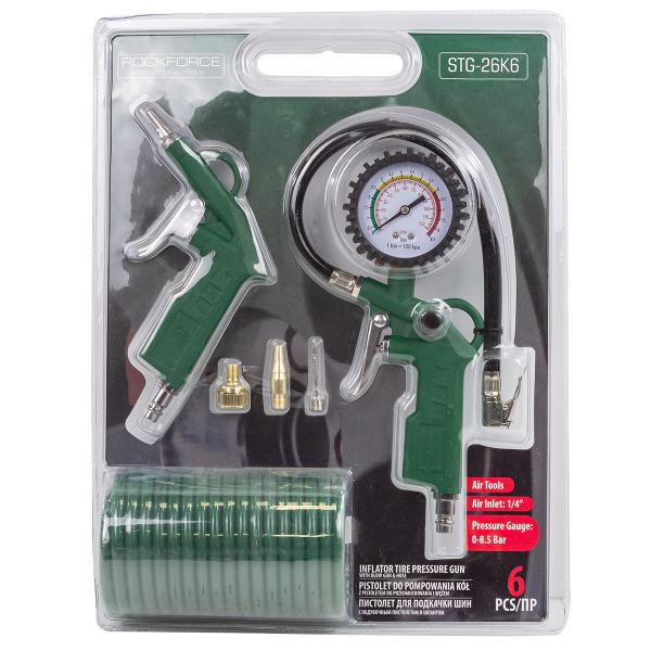 Пистолет для подкачки шин с манометром в комплекте с пистолетом обдувочным и шлангом(0-8.5 Bar,шланг 5м),в блистере