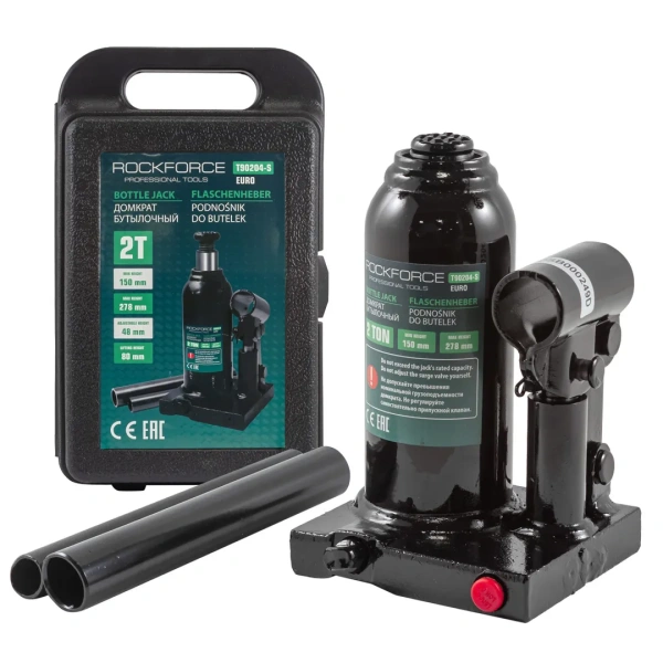 Домкрат бутылочный 2т с клапаном (высота подхвата - 150мм, высота подъема - 278мм, ход штока - 80мм, ход винта-48мм)в кейсе