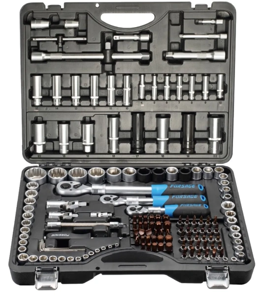 Набор инструментов 150+6пр.1/4''3/8''1/2''(6-гр.)(4-36мм, 3/8'':10-19мм 12гр., 1/2'':27,30,32,36-12гр.)+(биты 5/16'':М6,8,10,12,14, гибкий удлинитель 1/4'')