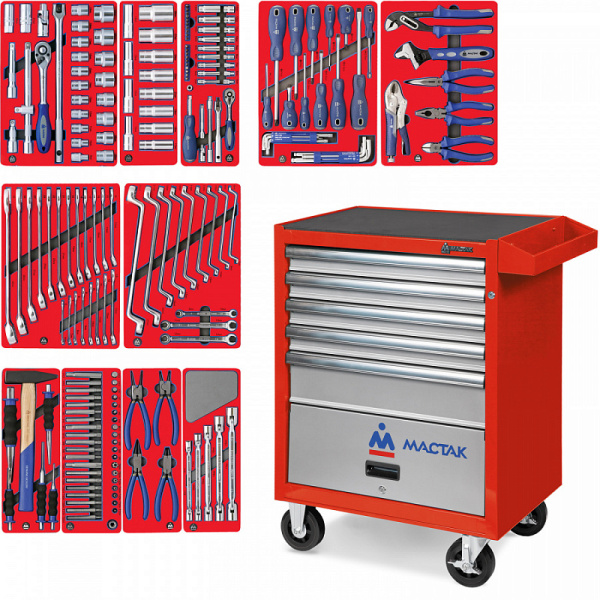 Тележка инструментальная с набором инструментов "МАСТЕР" в красной тележке, 205 предметов МАСТАК 52-05205R
