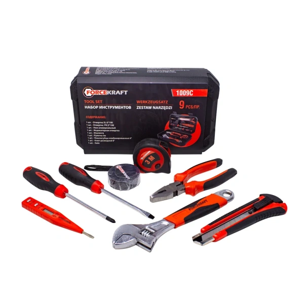 Набор шарнирно-губцевого инструмента с отвертками(отвертки SL6x100,PH2x100, плоскогубцы,разводной ключ,рулетка,изолента,нож,индик.отвертка), в кейсе