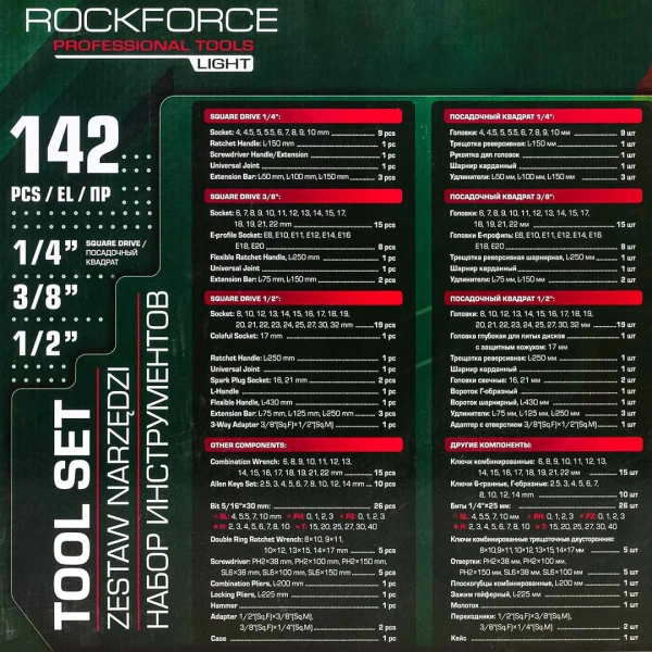 Набор инструментов 142пр. 1/4'', 3/8'', 1/2''(6гр.)
