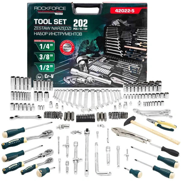 Набор инструментов 202пр. 1/4'', 3/8'', 1/2''(6гр.)