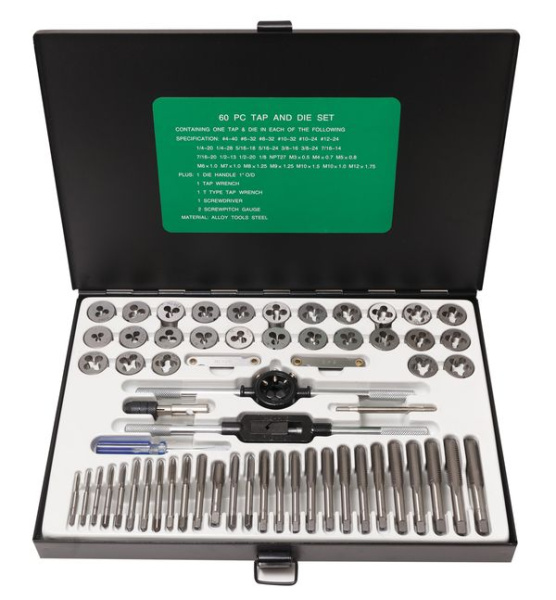 Набор метчиков и плашек метрический и дюймовый 60пр. (М3х0.5, М4х0.7, М5х0.8, М6х1, М7х1, М8х1.25, М9х1.25, М10х1/1.5, М12х1.75, 4-40, 6-32, 8-32, 10
