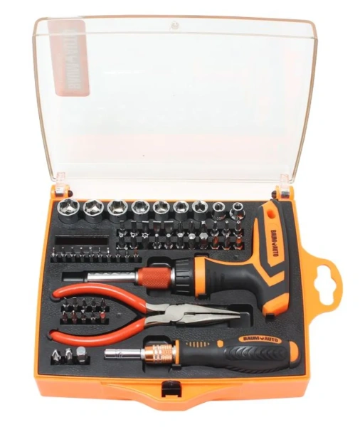 Набор инструмента с Т-обр. реверсивным телескоп. держателем для бит,прямым телескоп. держателем ,утконосами и головками (60пр.) в пластиковом футляре.