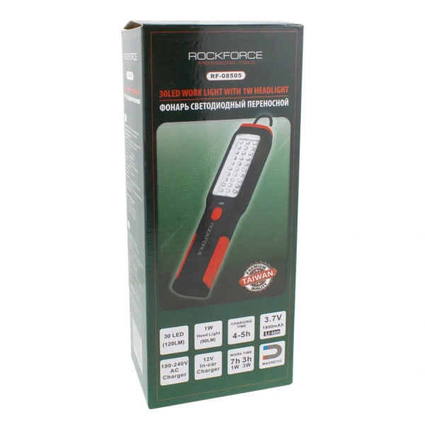 Лампа светодиодная аккумуляторная(2магнита,2крючка,180гр.,боковой свет 3W30LED,торцевой свет1W1LED,3.7V,1800mAh,зарядка12/220V,защита гнезда зарядки)