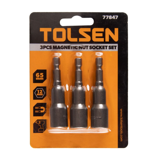 Набор головок для шуруповерта шестигранных 1/4", 12 мм, 65 мм, магнитных 3 предмета TOLSEN TT77847