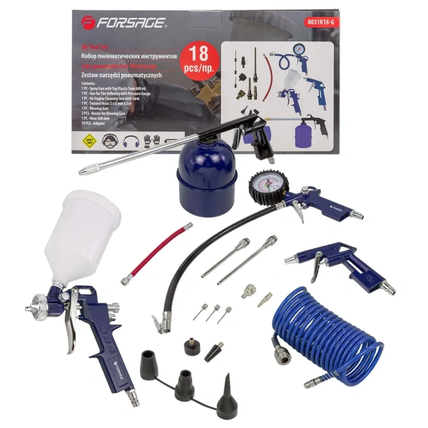 Набор пневмоинструмента 18пр.(краскопульт-сопло 1.5мм,обдувочник-сопла 110,140мм,подкачка+10 адаптеров и 1 шланг для подкачки,промывка,шланг 5м)