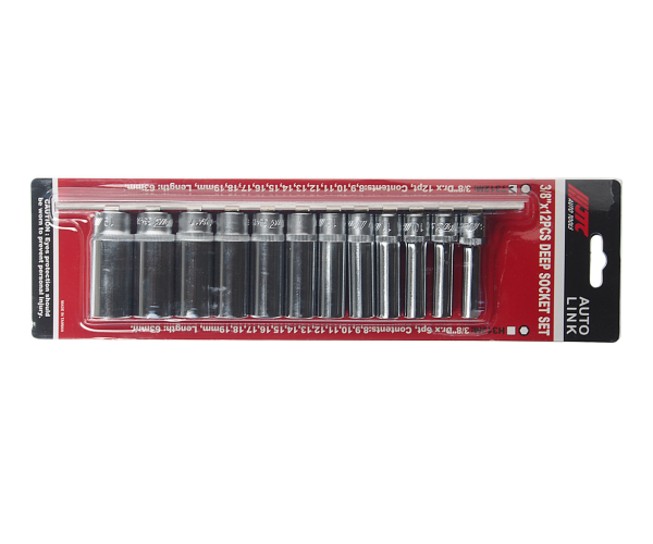 Набор головок торцевых 12-ти гранных  глубоких JTC T312M (на планке, 3/8", 8-19 мм)