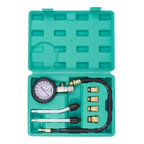 Индикатор компрессии бензинового двигателя 8пр.(0-20Bar, М10х1.0, М12х1.25, М14х1.25, М18х1.5 + 2 жестких прижимных адаптера-переходника),в кейсе