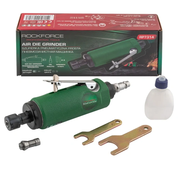 Пневмозачистная машинка с прорезиненной рукояткой(цанги:3мм,6мм, 25000об/мин, 128л/мин,6.3Bar,штуцер 1/4'')