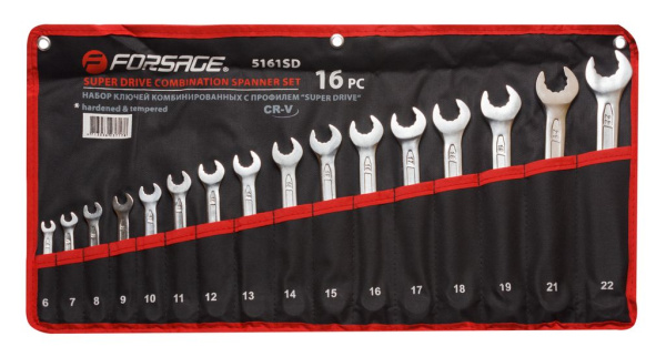 Набор ключей комбинированных с профилем ''Super Drive''12гр., 16пр. (6-19, 21, 22мм), на полотне