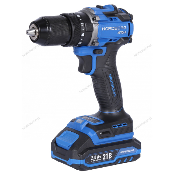 Шуруповерт аккумуляторный NORDBERG NE106K (макс.диам. сверла 13 мм, 21 В, 70 Нм, 2 аккумулятора и зарядное устройство)