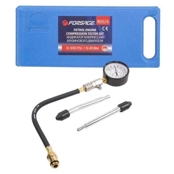 Индикатор компрессии бензинового двигателя Profi (0-21Bar, М14, М18 + жесткий прижимной адаптер-переходник-2шт) 4пр., в кейсе
