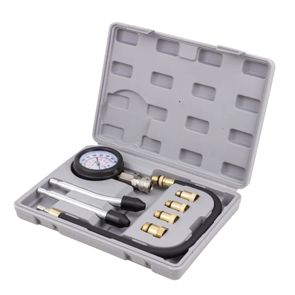 Индикатор компрессии бензинового двигателя 8пр.(0-20Bar, М10х1.0, М12х1.25, М14х1.25, М18х1.5 + 2 жестких прижимных адаптера-переходника),в кейсе