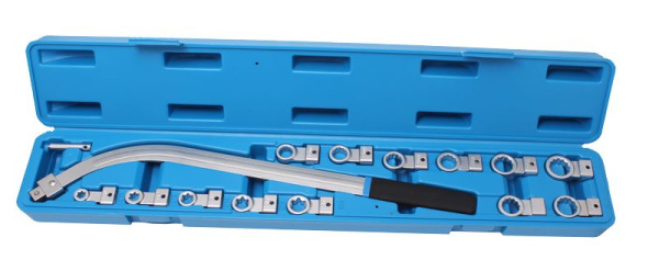 Ключ накидной удлиненный изогнутый в наборе со сменными насадками 15пр. (12,13, 14, 15, 16, 17, 18, 19мм, Е10, Е12, Е14, Е16, Е18), в кейсе