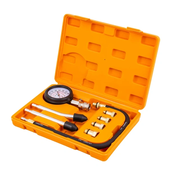 Индикатор компрессии бензинового двигателя 8пр.(0-20Bar, М10х1.0, М12х1.25, М14х1.25, М18х1.5 + 2 жестких прижимных адаптера-переходника),в кейсе