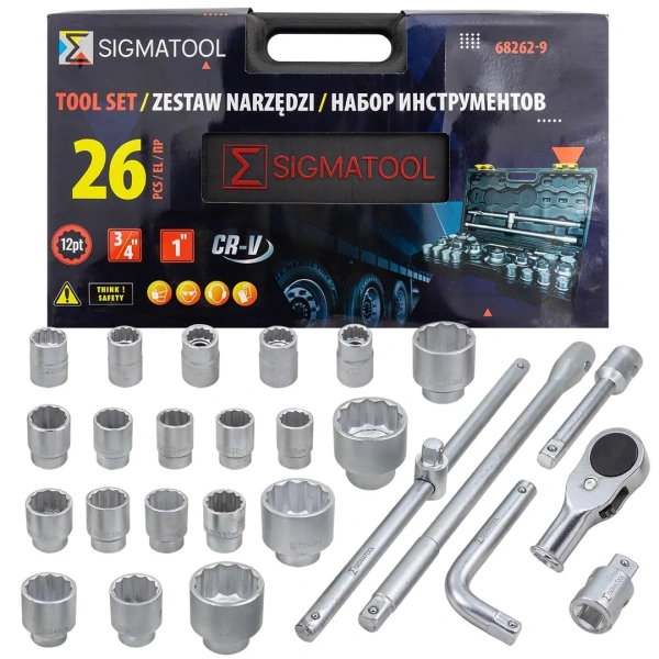 Набор инструментов, 26пр. 12гр, 3/4''(21,22,23,24,26,27,28,29,30,31,32,34,36,38,41,46,50) 1''(55,60,65), в пласт.кейсе