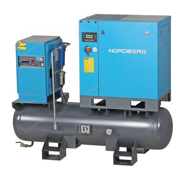 Компрессор винтовой NORDBERG NCC10RD (7,5 кВт, 10 бар, 900 л/мин, ресивер 260 л, IP55, осушитель)