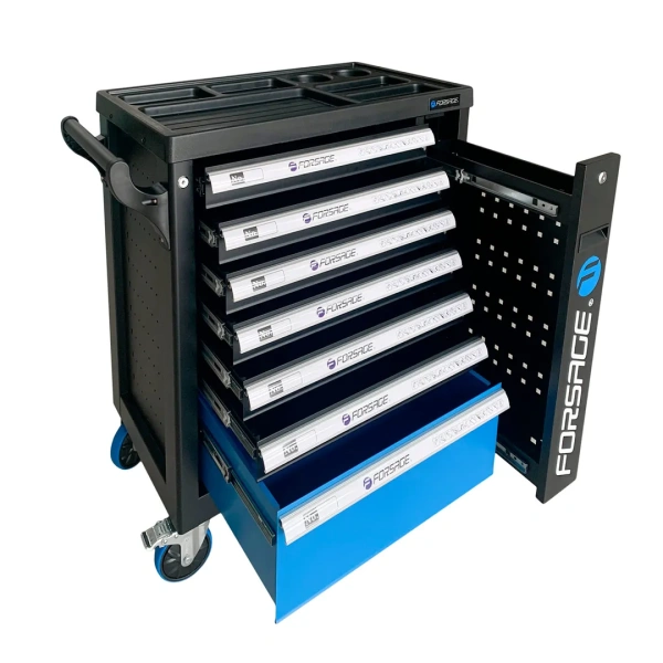 Тележка инструментальная 7-ми полочная (синяя), с дополнительной боковой секцией, 600х790х970 (полки:65х500х395-6шт,200х500х395мм-1шт)