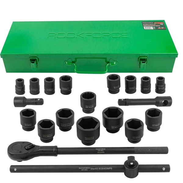 Набор инструментов ударных 3/4'', 6гр, 21пр(17,19,21,22,24,27,30,32,34,35,36,36-12гр,38,41,46,50мм), в металл.кейсе