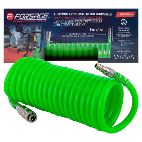 Шланг витой полиуретановый 8мм х 12мм х 5м с быстроразъемами