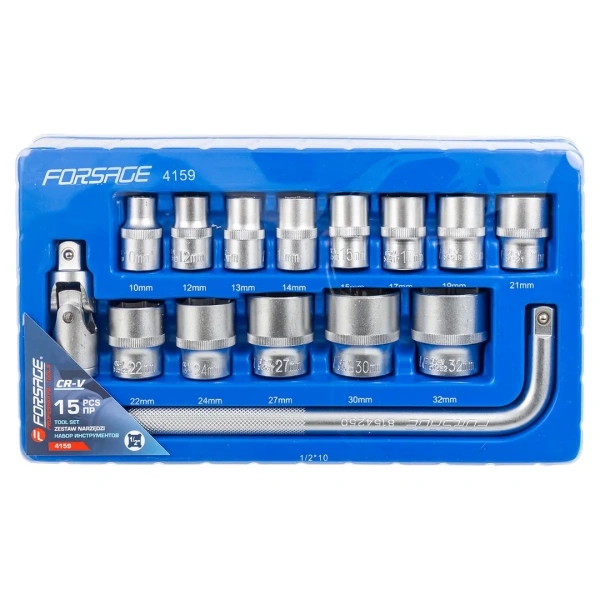 Набор головок коротких 15 пр. в ложементе (10,12-15,17,19,21,22,24, 27,30,32мм, вороток Г-образный 1/2''250мм, кардан 1/2'')