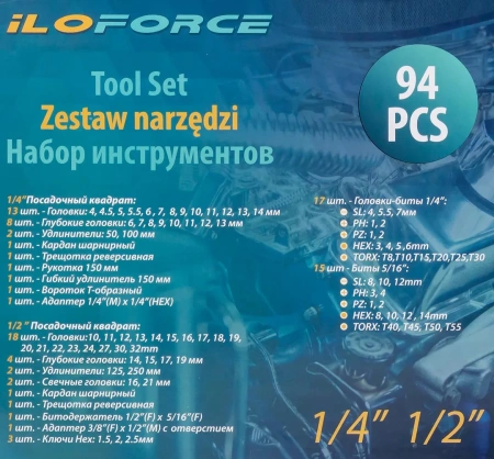 Набор инструмента 94пр. 1/4''&1/2''(6-гран.)(4-32мм)