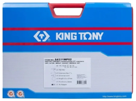 Гайковерт пневматический ударный KING TONY 64111MP02, 3/4", 1085 Нм, с комплектом головок, 14 предметов