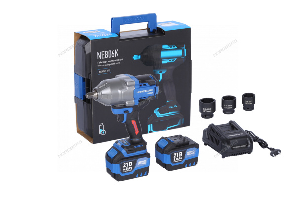 Гайковерт аккумуляторный NORDBERG NE806K-1/2 (1/2", 21 В, 1500 Нм с двумя 6 A аккум. и зар. уст-вом, в кейсе)