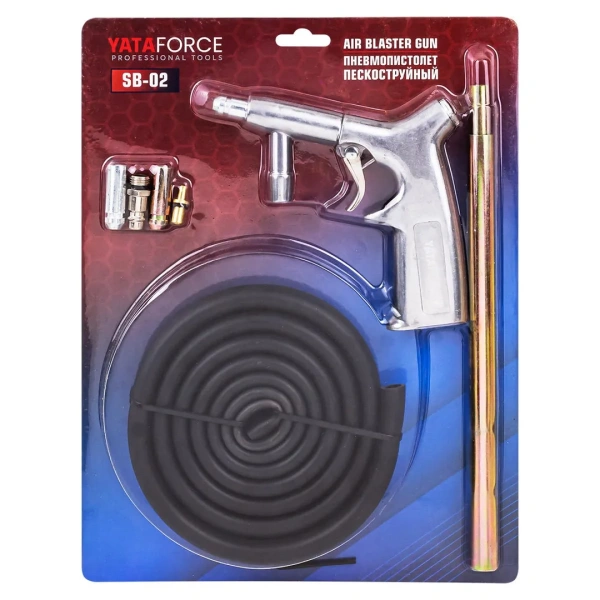 Пневмопистолет пескоструйный шлангового типа (3 сменных сопла, вход 1/4'', шланг 1.8м, расход воздуха 280-400л/мин, давление 5-8бар) в блистере