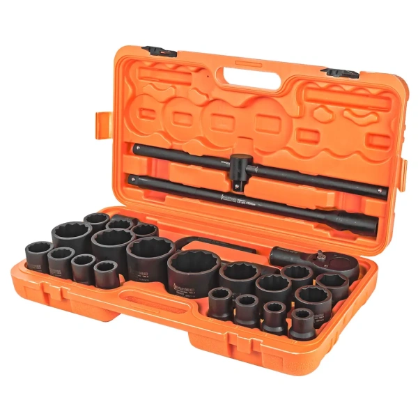 Набор инструментов ударных 26пр, 3/4''1''(12гр.) (17,19,22,24,27,30,32,33,34,35,36,36-6гр,38,41,46,50мм,1'':55,60,65мм) в пласт.кейсе