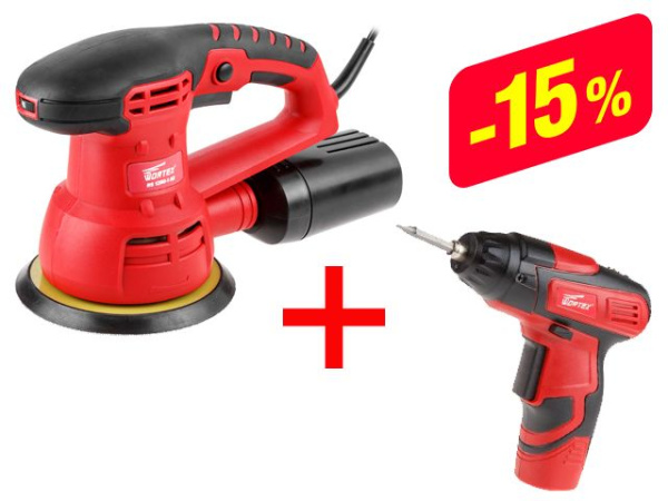 Эксцентриковая шлифмашина WORTEX RS 1250-1 AE в кор.+АКЦИЯ Аккум. шуруповерт WORTEX BS 4536-1 Li (+BS 4536-1 Li   СКИДКА на комплект -15%)