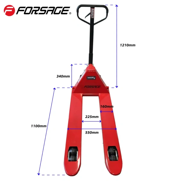 Тележка гидравлическая ручная 3т (ручной и ножной спуск,длина вил 1220мл,материал колес:полиуритан,min 80мм.max 200мм)