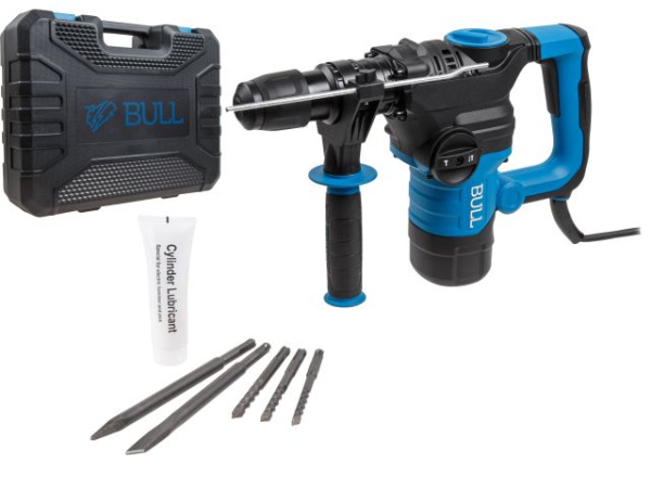 Перфоратор BULL BH 3202 в чем. 1500 Вт, 6,5 Дж, 32 мм, 2 реж. + 2 зуб., 3 сверла, SDS-plus