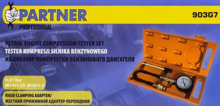 Индикатор компрессии бензинового двигателя (0-21Bar, М14, М18 + жесткий прижимной адаптер-переходник) 3пр., в кейсе