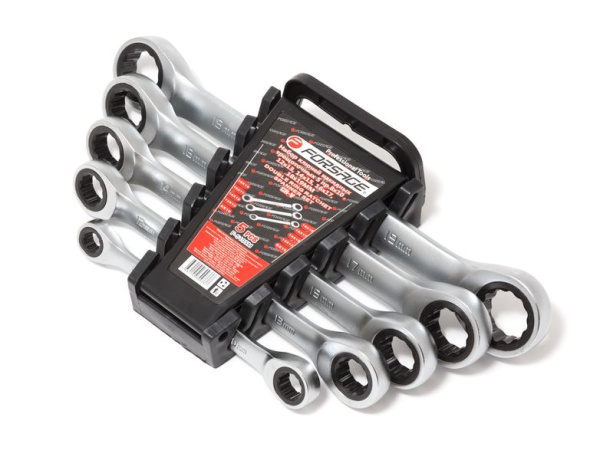 Набор ключей накидных трещоточных, 5пр. (8х10, 12х13, 14х15, 16х17, 18х19мм), в пластиковом держателе