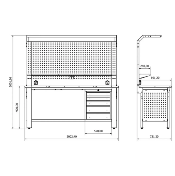 Верстак металический 730х2000х2000мм(столешница 690х2000мм, перфорация 1080х2000мм, боковые перфорации 500х600мм, ящик навесной 5 полок)