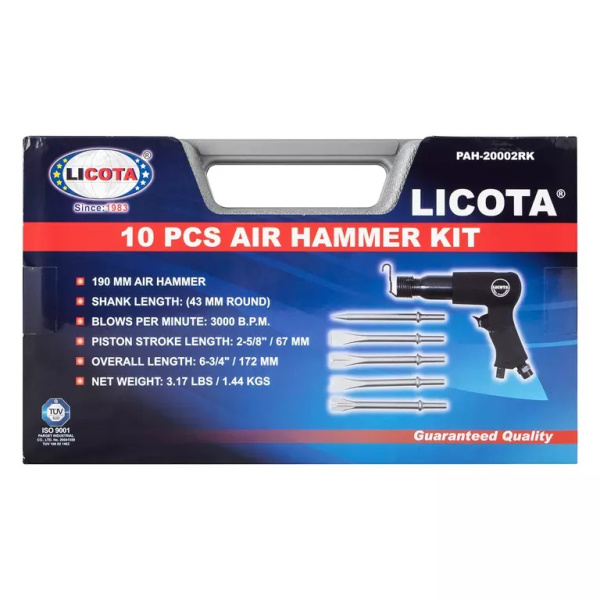 Молоток пневматический в комплекте с зубилами Licota PAH-20002RK (в кейсе, 10 пр., энерг. уд. 7,2 Дж)