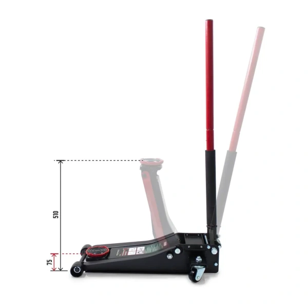 Домкрат подкатной гидравлический 3 т усиленный низкопрофильный с прорезиненной накладкой на рукоятке (2 поршня, резиновая накладка,h min75мм,h max510