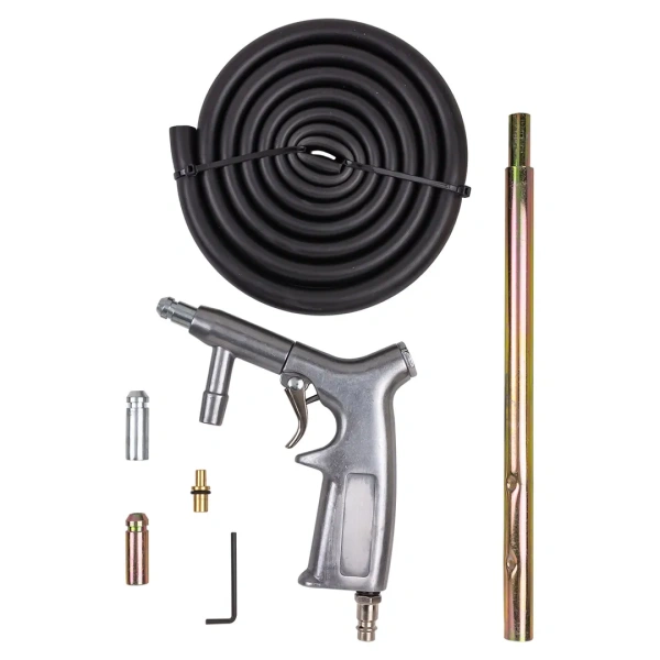 Пневмопистолет пескоструйный шлангового типа (3 сменных сопла, вход 1/4'', шланг 1.8м, расход воздуха 280-400л/мин, давление 5-8бар) в блистере