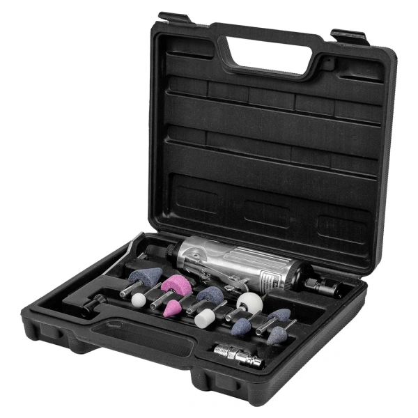 Пневмозачистная машинка с комплектом камней 16пр(цанги:3мм,6мм,21000об/мин,6.3Bar,штуцер 1/4'')в кейсе