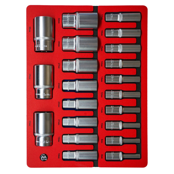 Набор глубоких торцевых головок шестигранные МАСТАК 5-014021 (1/2", 8-36 мм, ложемент, 21 предмет)