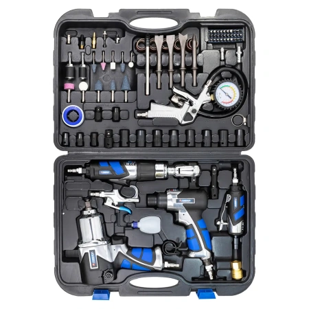 Набор инстр. с аксессуарами 57+36пр(гайковерт-1/2'',650н/м,пневмозач.маш.-6мм, 25000об/мин,пневмотрещ.-1/2'',68н/м,пневмозубило,подкачка, продувоч)