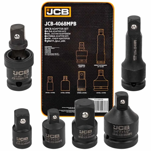 Набор адаптеров ударных 6пр(3/8''(F)x1/2''(M),1/2''(F)x3/8''(M),1/2''(F)x3/4''(M),3/4''(F)x1/2''(M),удлинитель 125мм, кардан 1/2''),в ложементе