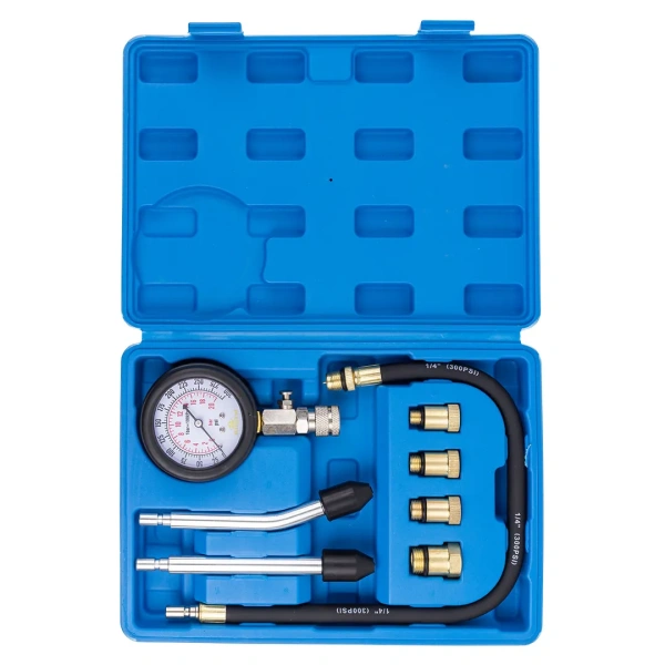 Индикатор компрессии бензинового двигателя 8пр.(0-20Bar, М10х1.0, М12х1.25, М14х1.25, М18х1.5 + 2 жестких прижимных адаптера-переходника),в кейсе