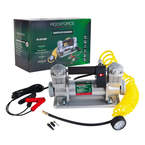Компрессор поршневой автомобильный двухцилиндровый с сумкой RF-2014260 ''ROCK FORCE''(150л/мин, 45А) 12V