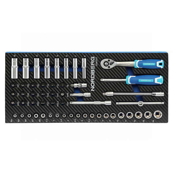 Набор головок NORDBERG 2296053T, 1/4" в ложементе, 53 предмета для тележки