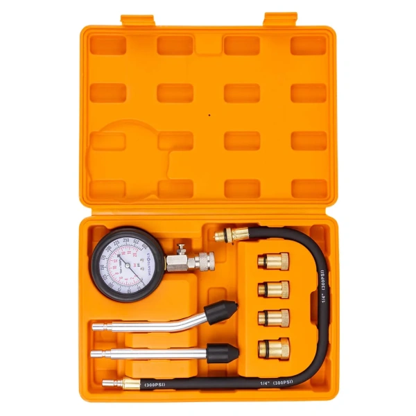 Индикатор компрессии бензинового двигателя 8пр.(0-20Bar, М10х1.0, М12х1.25, М14х1.25, М18х1.5 + 2 жестких прижимных адаптера-переходника),в кейсе