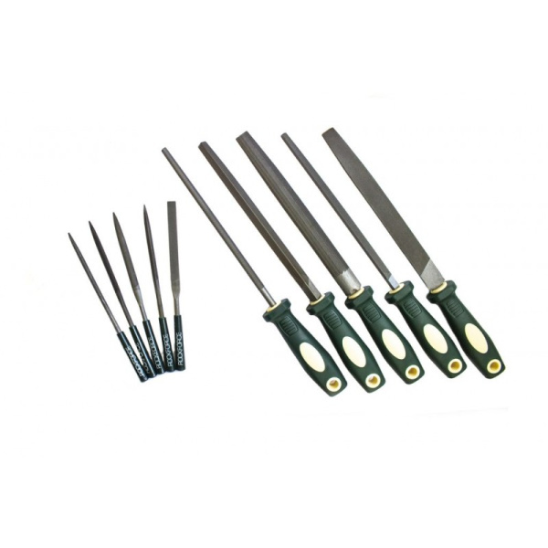 Набор напильников разнопрофильных 10 пр.(плоский, треугольный, круглый, полукруглый, квадратный, L-185мм,L-325мм),в ложементе